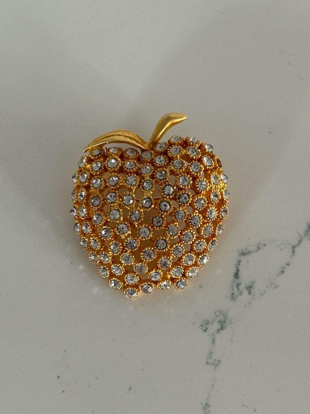 Vintage Apple Brooch Pin Clear Rhinestones Twee